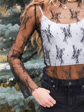 Sheer Black Floral Lace Long-Sleeve Top with White Tank